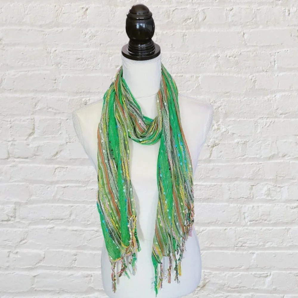 Green with Silver Threads Multicolored Background‎ Cotton Open Weave Scarf…
